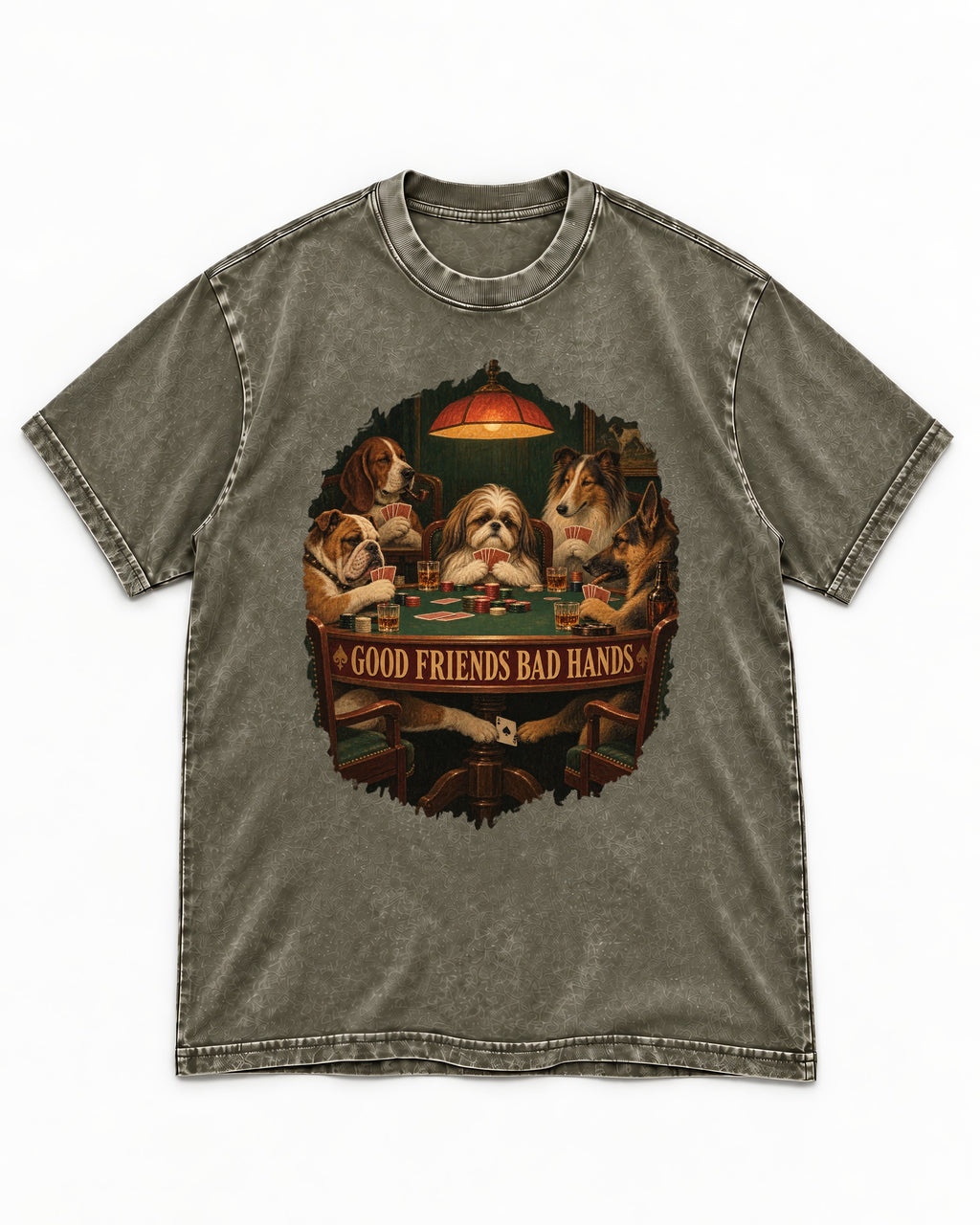 Shih Tzu Good Friends Bad Hands Poker Night Graphic Washed Tee in Army Green, flat lay product photo