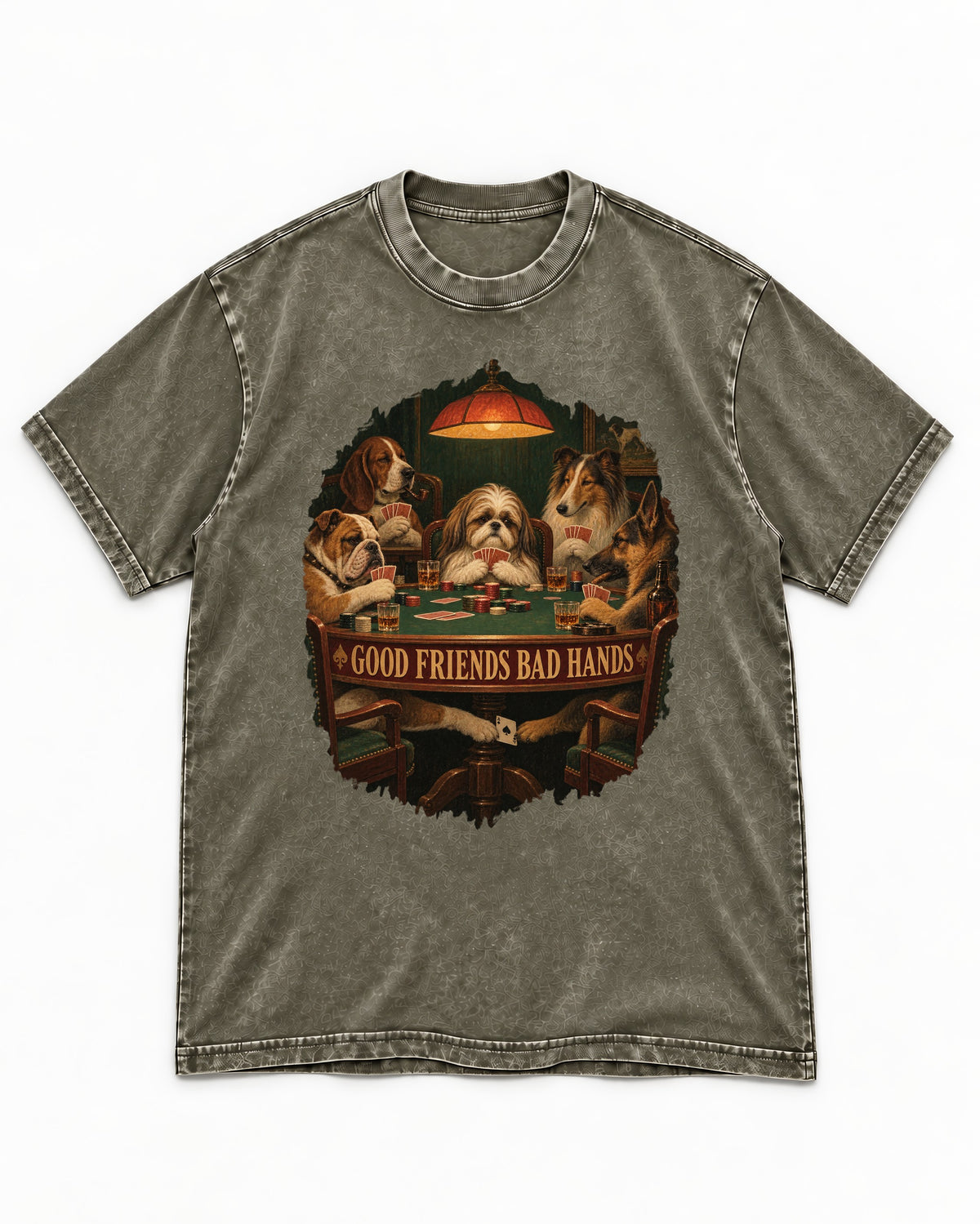 Shih Tzu Good Friends Bad Hands Poker Night Graphic Washed Tee in Army Green, flat lay product photo