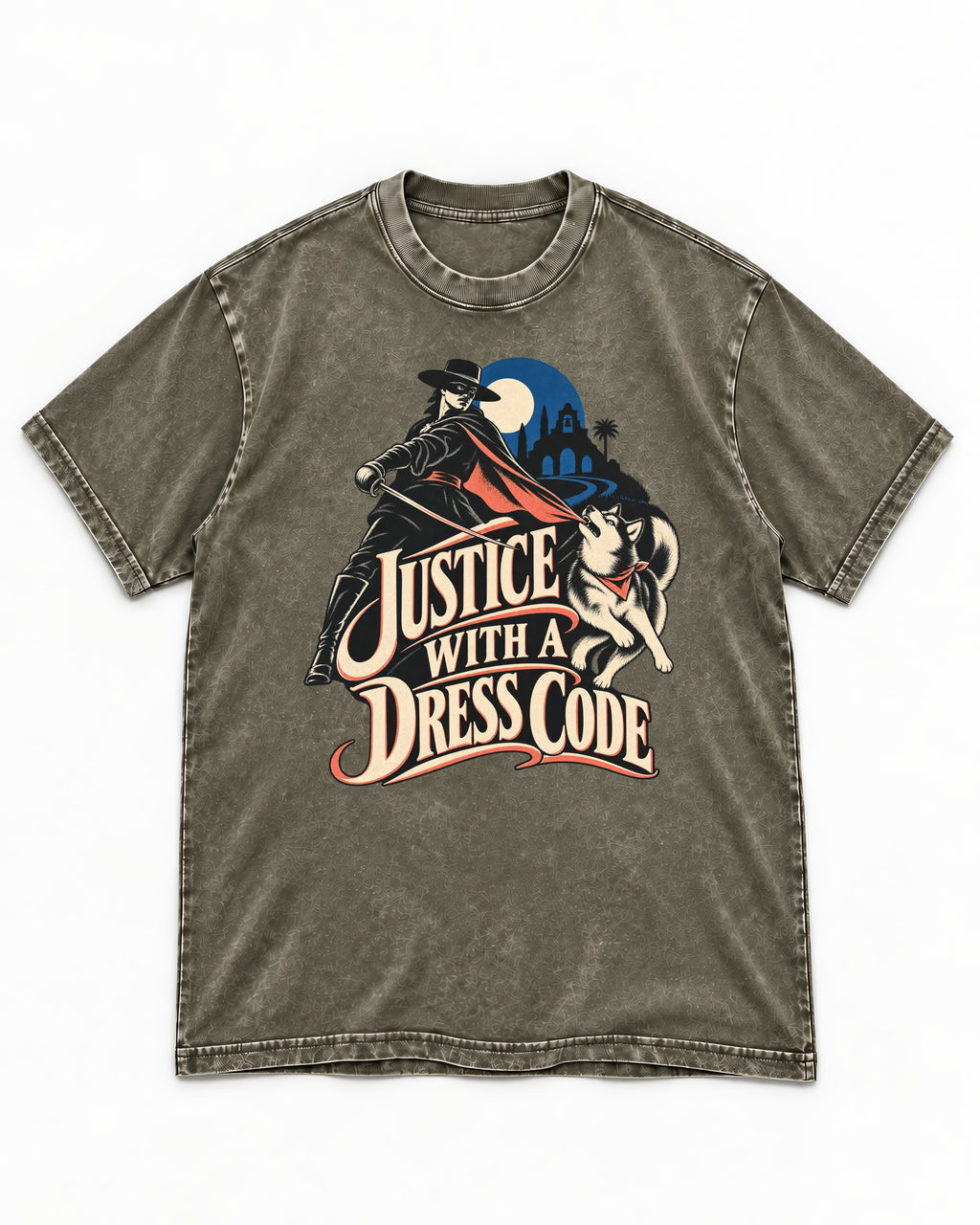 Husky Justice With A Dress Code Masked Swordsman Graphic Washed Tee in Army Green, flat lay product photo