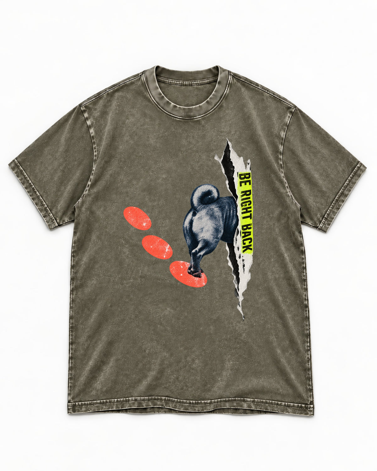 Pug Be Right Back Torn Portal Graphic Washed Tee in Army Green, flat lay product photo