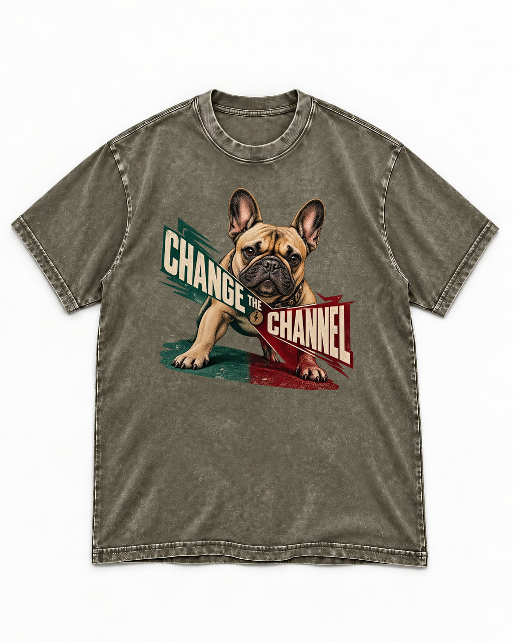 Frenchie Change the Channel Graphic Washed Tee in Army Green, flat lay product photo