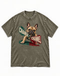 Frenchie Change the Channel Graphic Washed Tee in Army Green, flat lay product photo