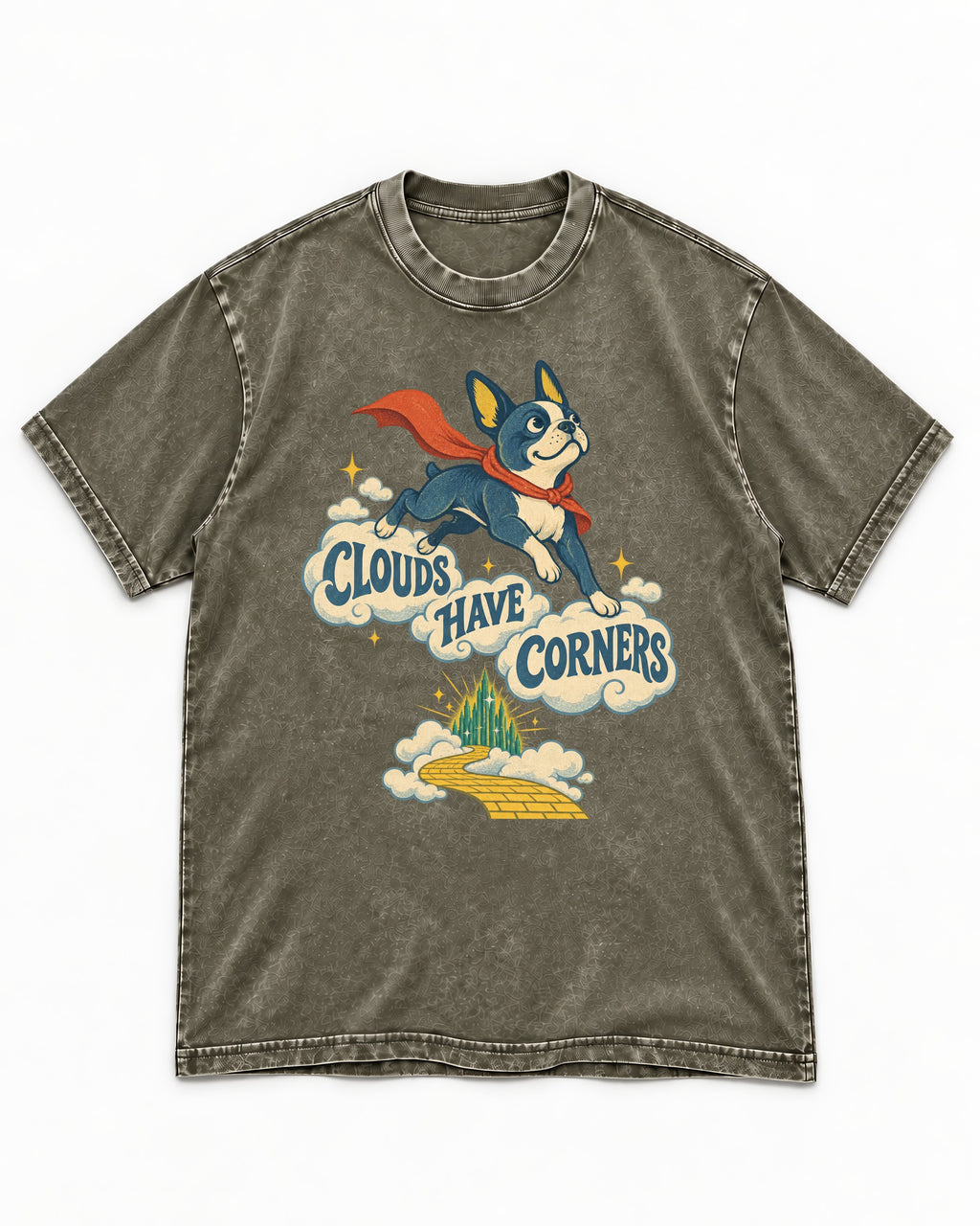 Clouds Have Corners Boston Terrier Washed Tee in Army Green, flat lay product photo