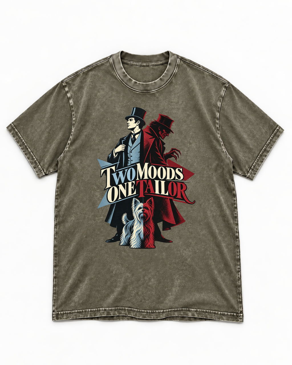 Yorkshire Terrier Two Moods One Tailor Split Persona Graphic Washed Tee in Army Green, flat lay product photo