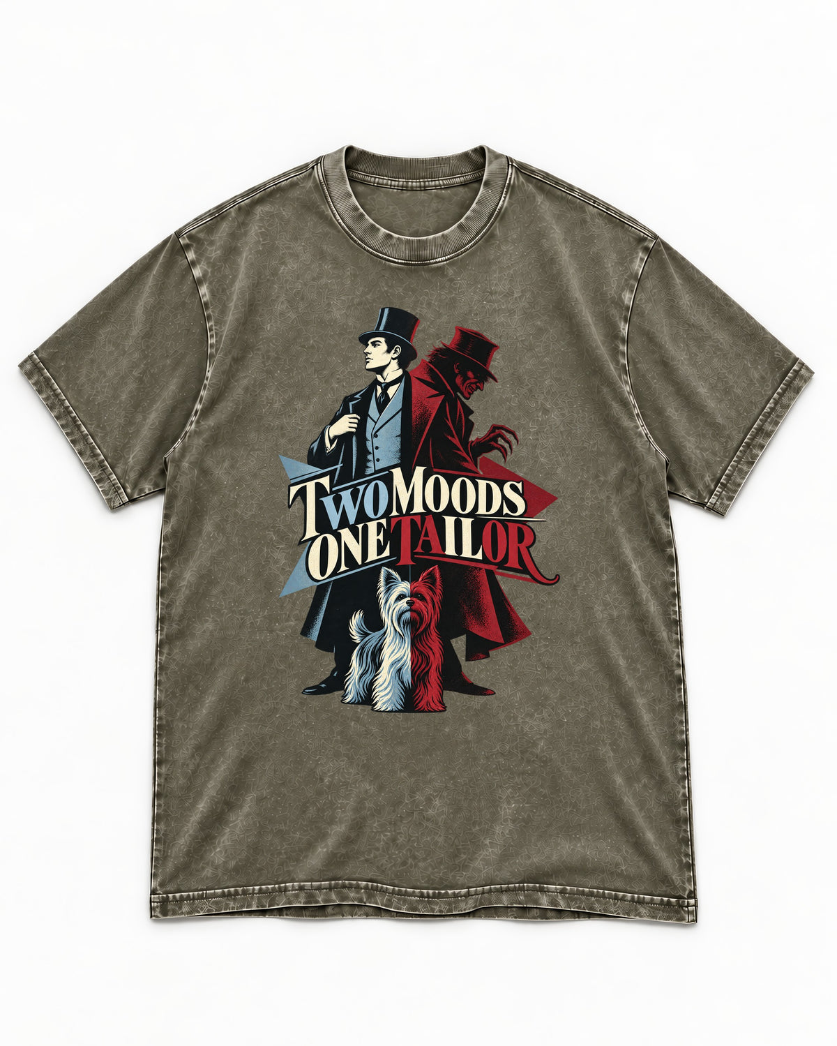 Yorkshire Terrier Two Moods One Tailor Split Persona Graphic Washed Tee in Army Green, flat lay product photo