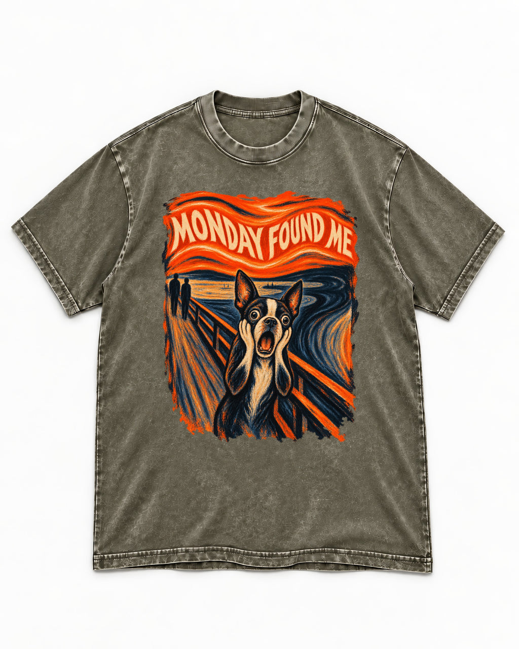 Monday Found Me Boston Terrier Scream Graphic Washed Tee in Army Green, flat lay product photo