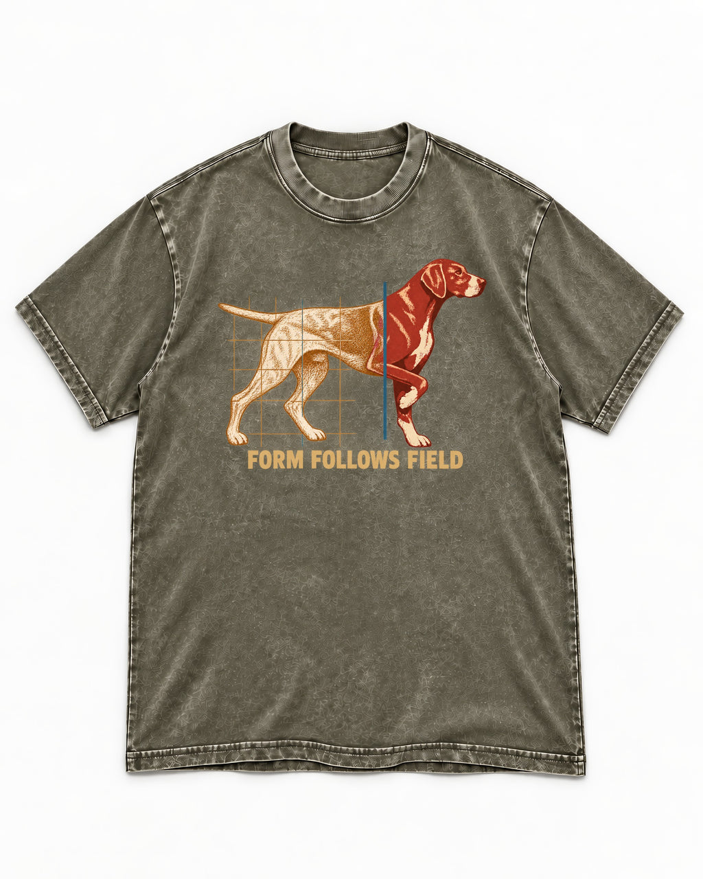 German Shorthaired Pointer Form Follows Field Grid Graphic Washed Tee in Army Green, flat lay product photo