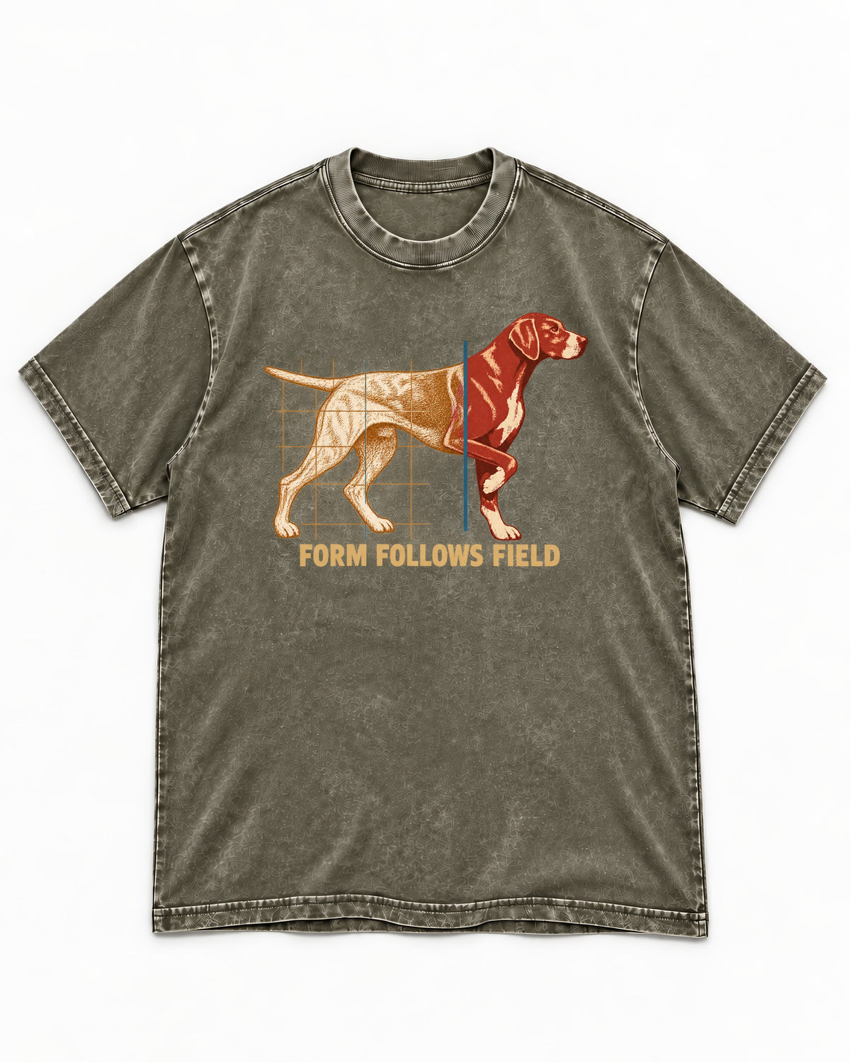 German Shorthaired Pointer Form Follows Field Grid Graphic Washed Tee in Army Green, flat lay product photo