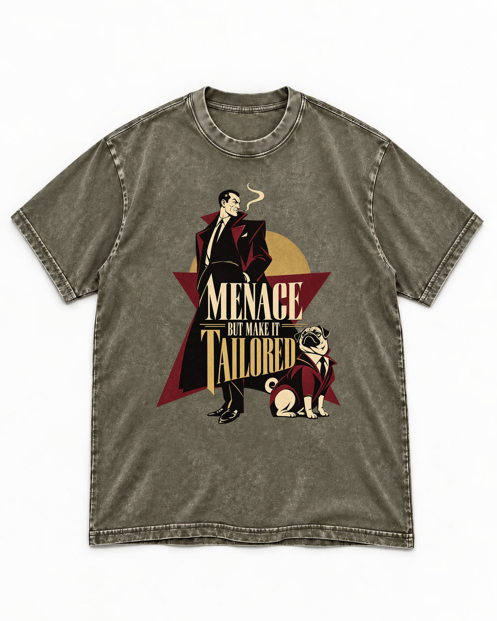Pug Menace But Make It Tailored Graphic Washed Tee in Army Green, flat lay product photo
