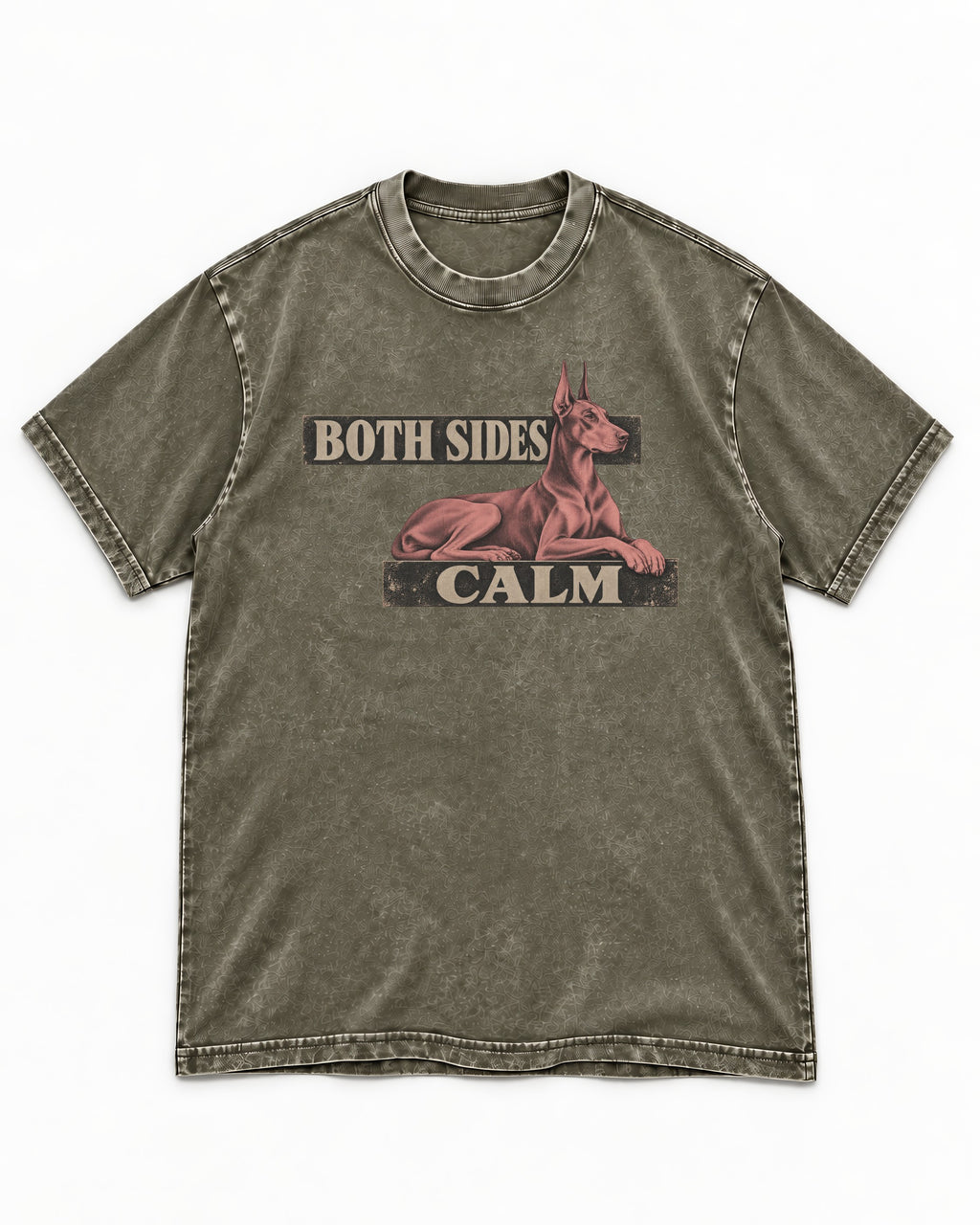 Doberman Both Sides Calm Banner Washed Tee in Army Green, flat lay product photo