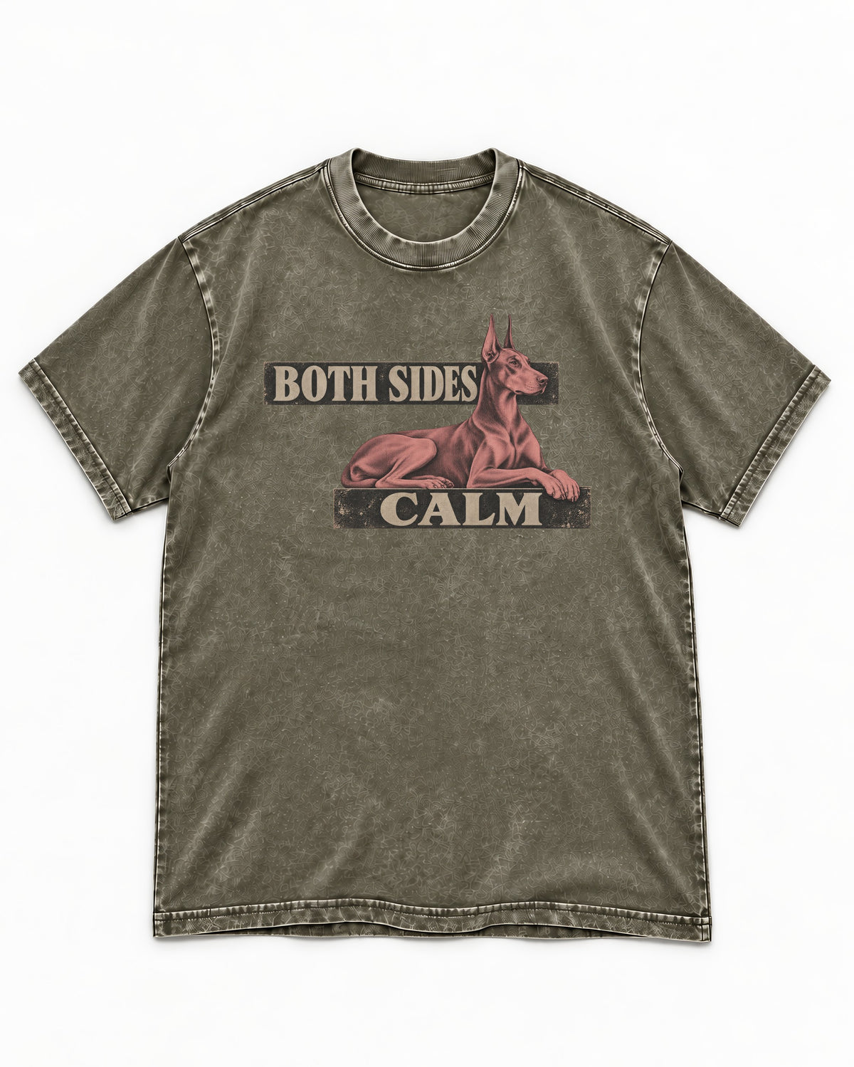 Doberman Both Sides Calm Banner Washed Tee in Army Green, flat lay product photo