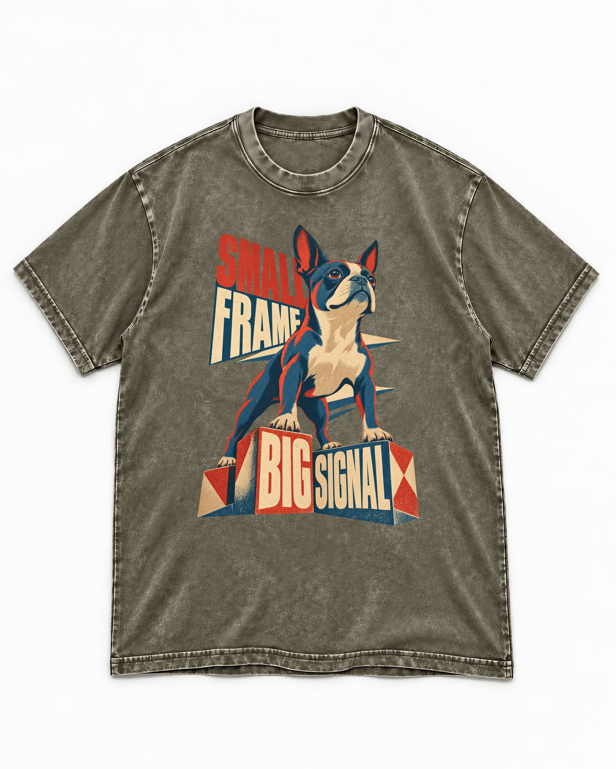 Small Frame Big Signal Boston Terrier Washed Tee in Army Green, flat lay product photo