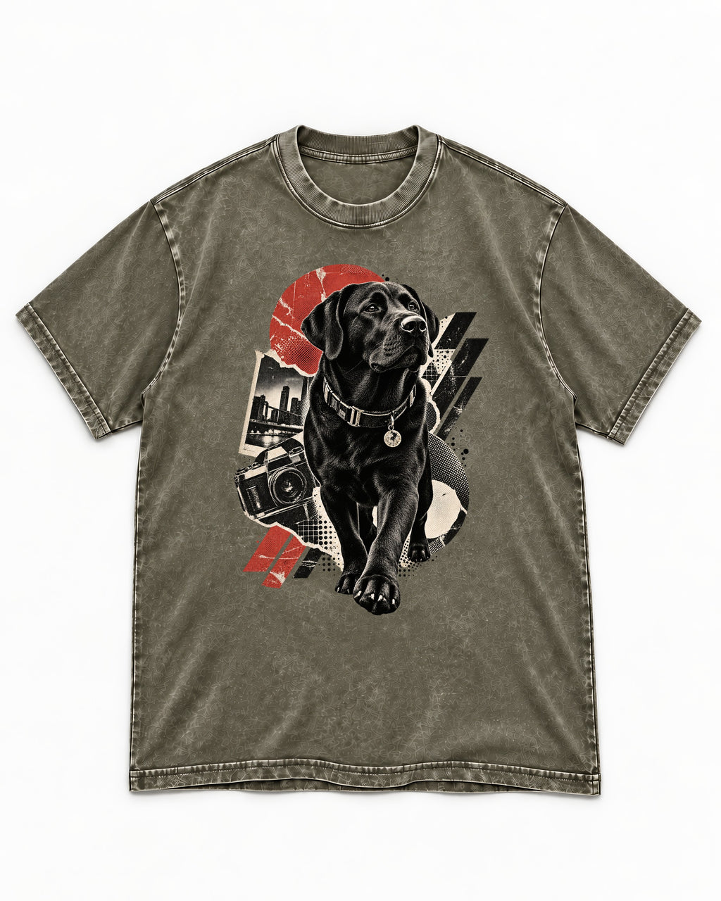 Labrador Retriever Camera City Halftone Collage Graphic Washed Tee in Army Green, flat lay product photo