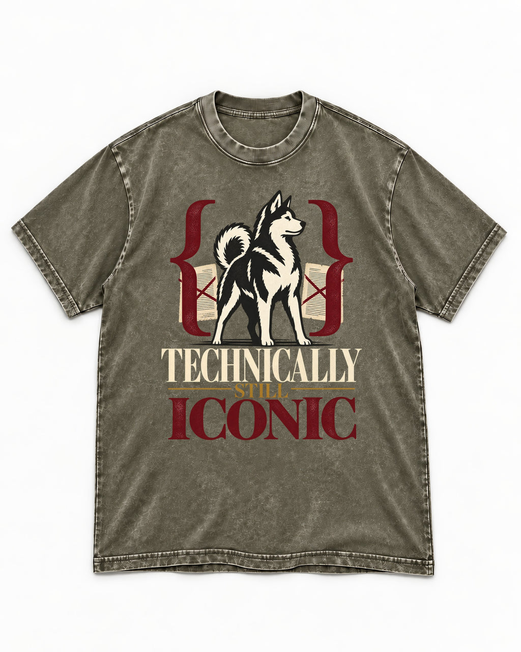 Husky Technically Still Iconic Editorial Frame Graphic Washed Tee in Army Green, flat lay product photo