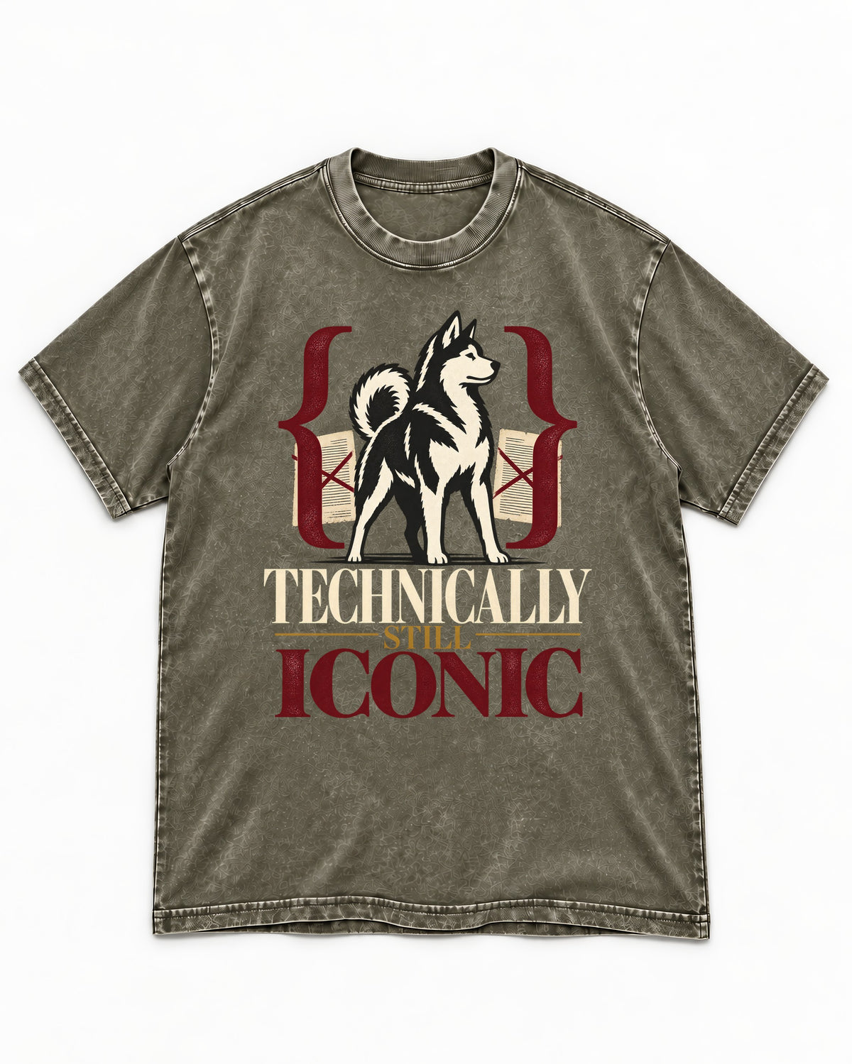 Husky Technically Still Iconic Editorial Frame Graphic Washed Tee in Army Green, flat lay product photo