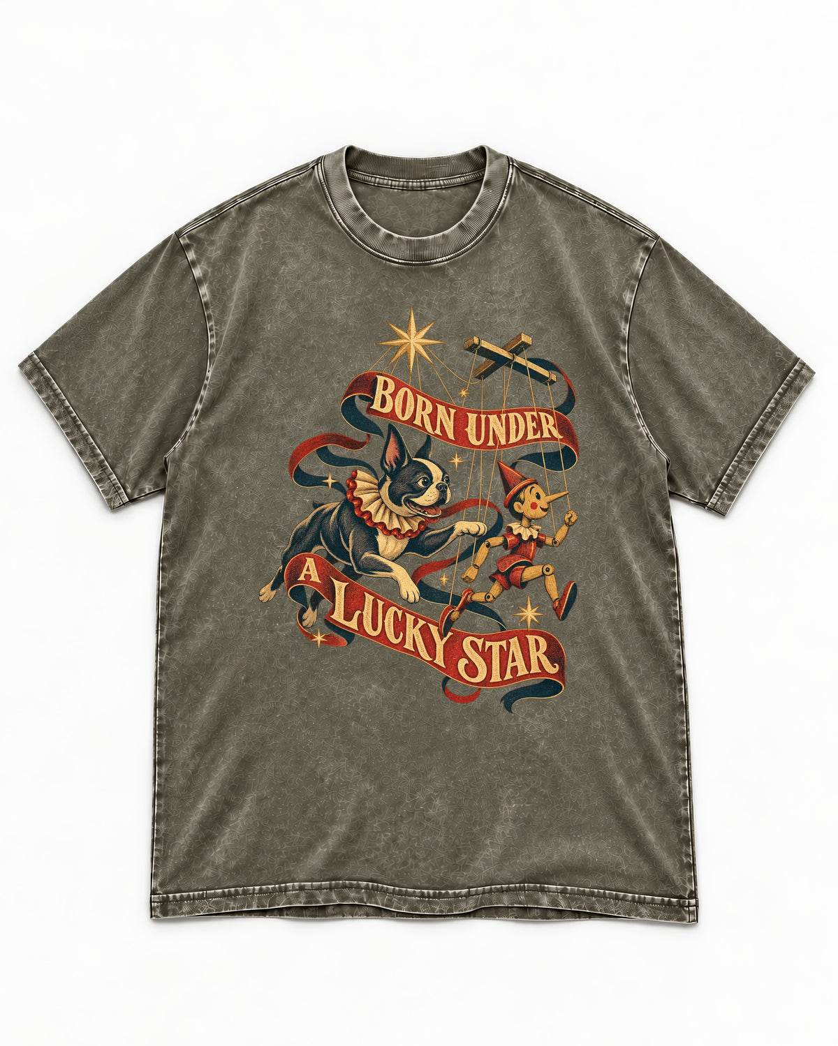 Born Under a Lucky Star Boston Terrier Washed Tee in Army Green, flat lay product photo