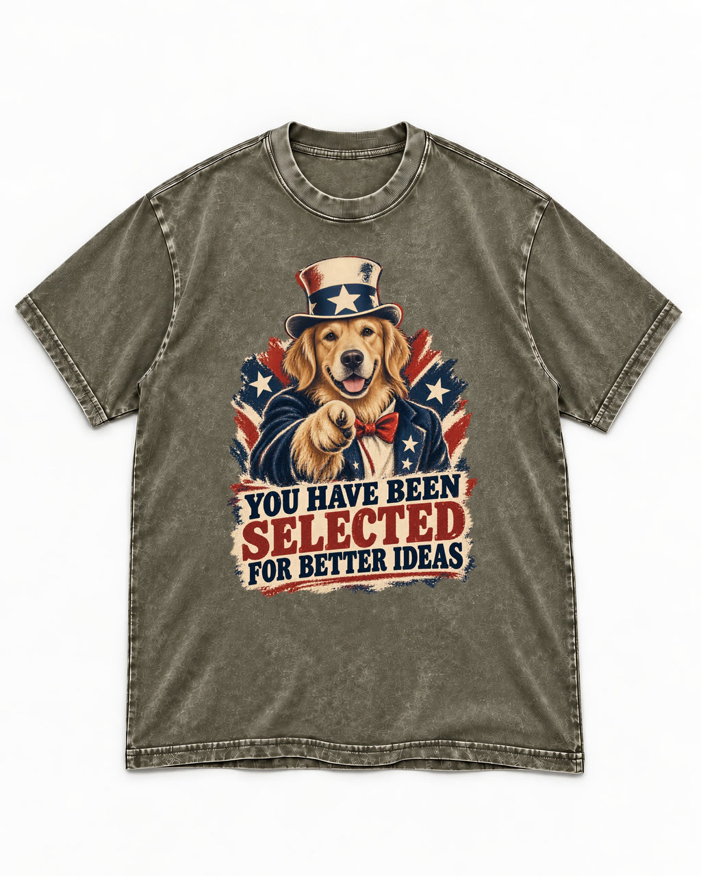 You Have Been Selected for Better Ideas Uncle Sam Golden Retriever Graphic Washed Tee in Army Green, flat lay product photo
