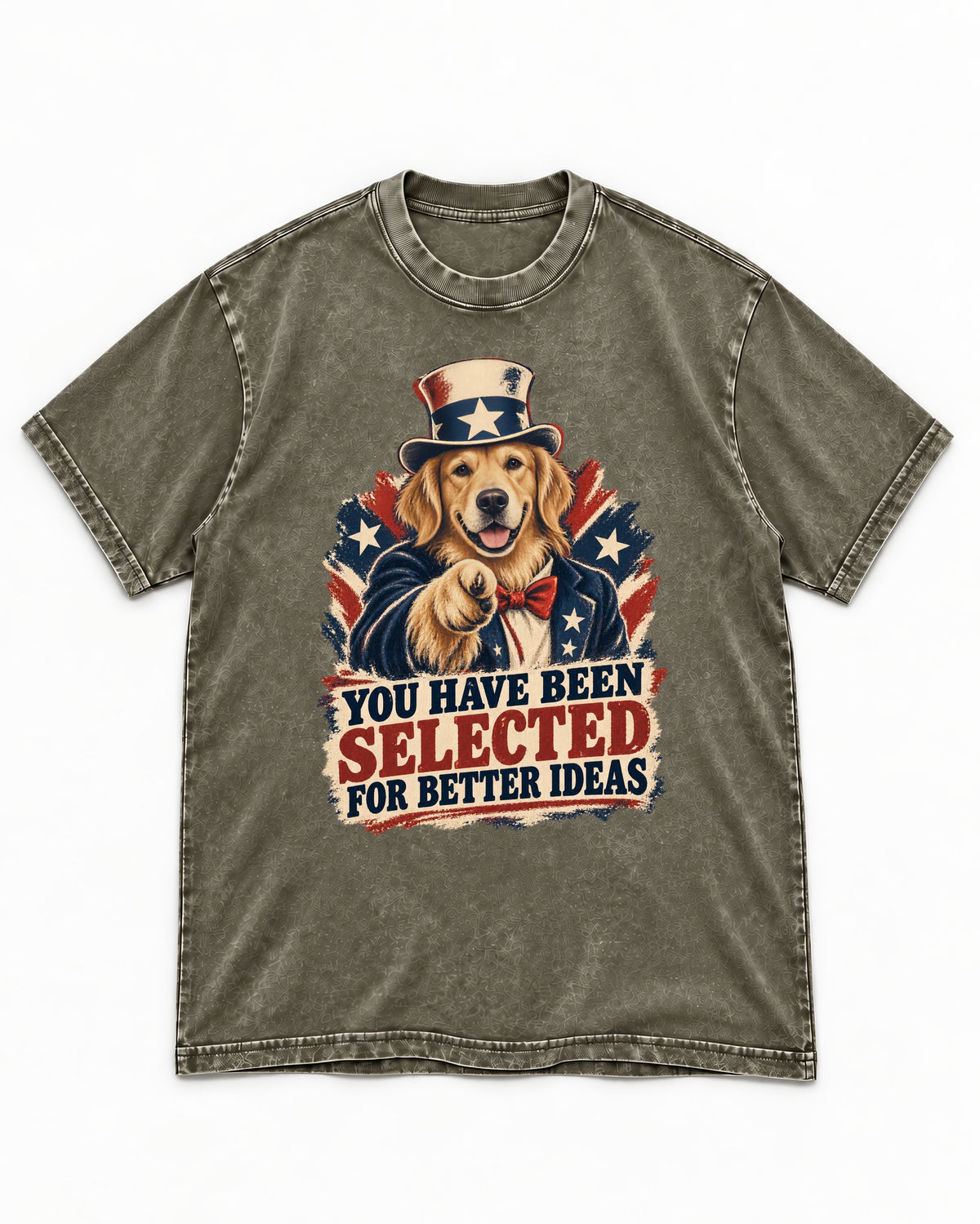 You Have Been Selected for Better Ideas Uncle Sam Golden Retriever Graphic Washed Tee in Army Green, flat lay product photo