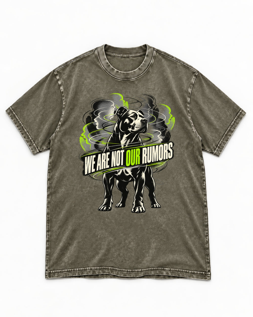Pitbull We Are Not Our Rumors Swirling Voices Graphic Washed Tee in Army Green, flat lay product photo
