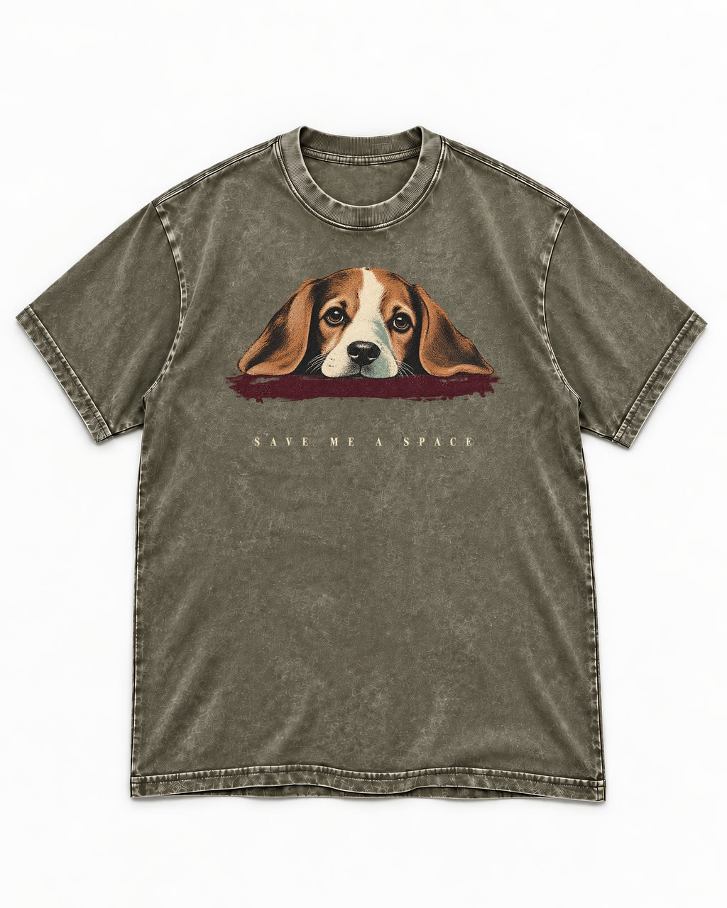 Save Me A Space Beagle Washed Tee in Army Green, flat lay product photo
