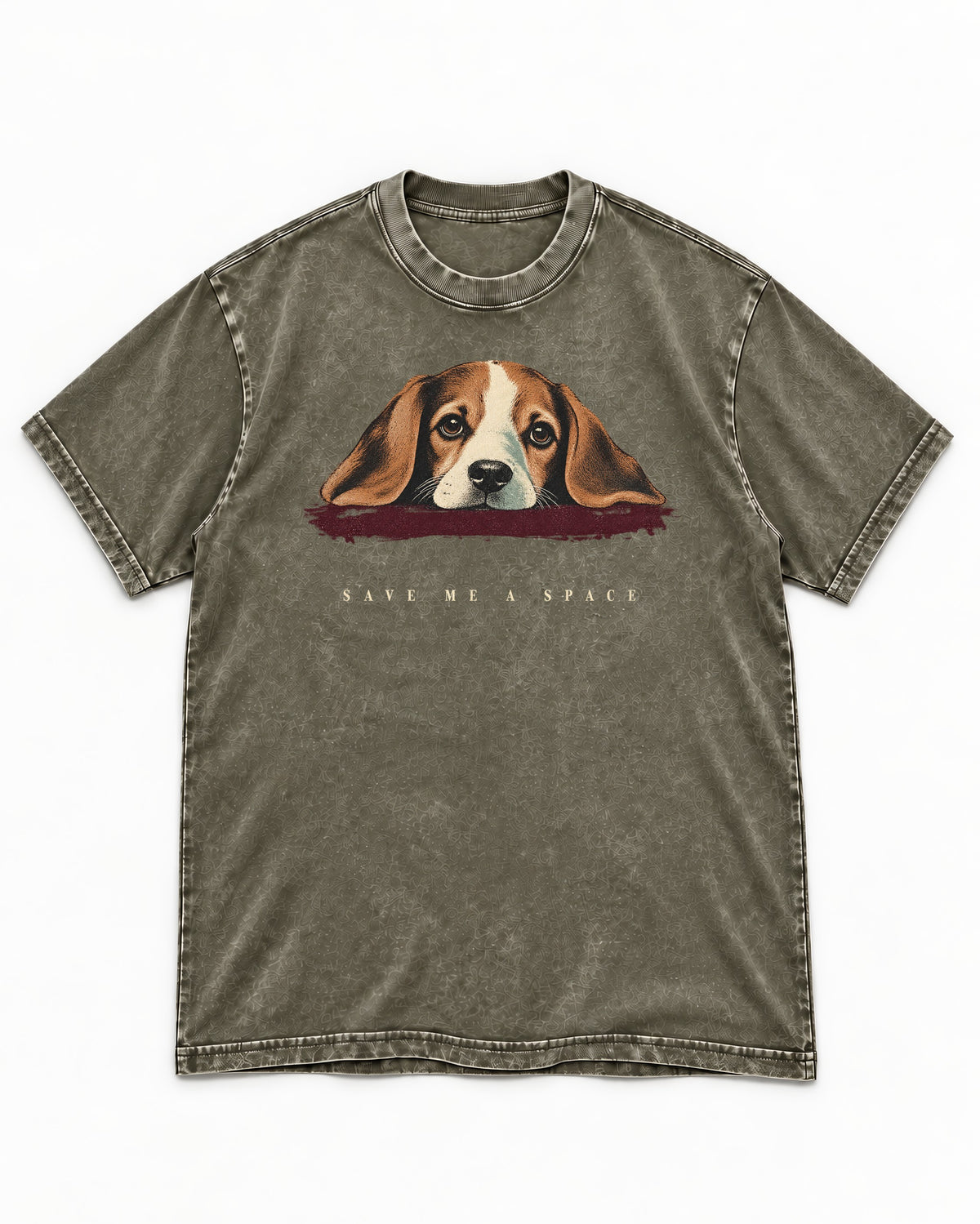 Save Me A Space Beagle Washed Tee in Army Green, flat lay product photo