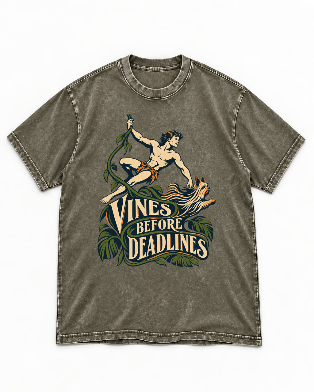 Yorkshire Terrier Vines Before Deadlines Jungle Hero Graphic Washed Tee in Army Green, flat lay product photo