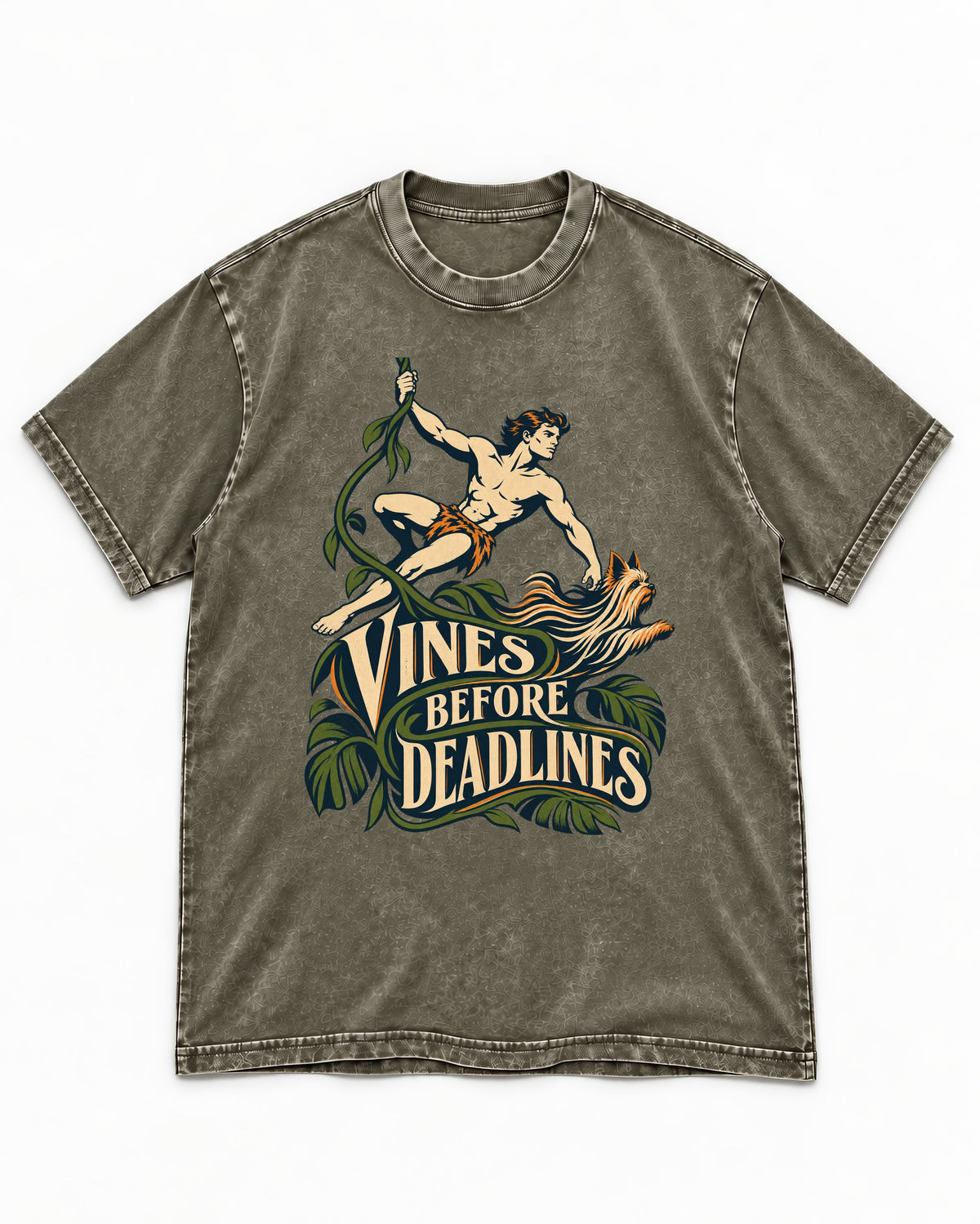 Yorkshire Terrier Vines Before Deadlines Jungle Hero Graphic Washed Tee in Army Green, flat lay product photo