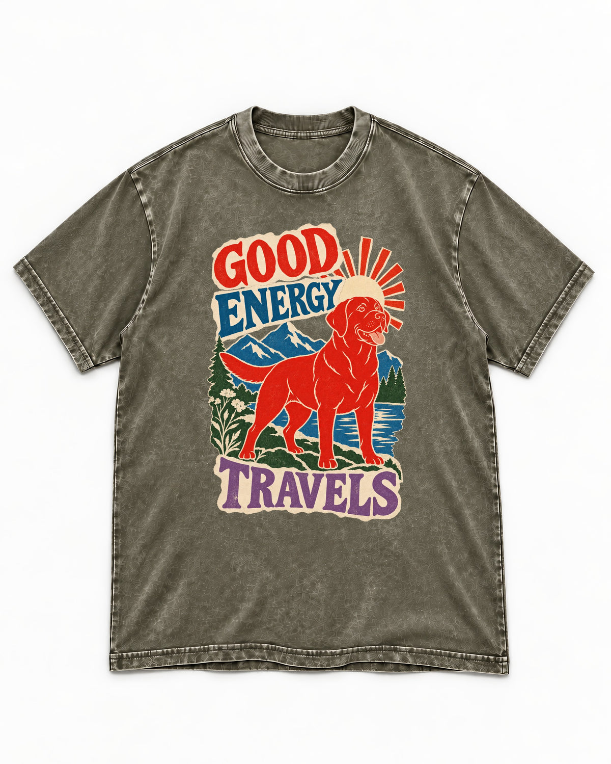 Labrador Retriever Good Energy Travels Adventure Graphic Washed Tee in Army Green, flat lay product photo