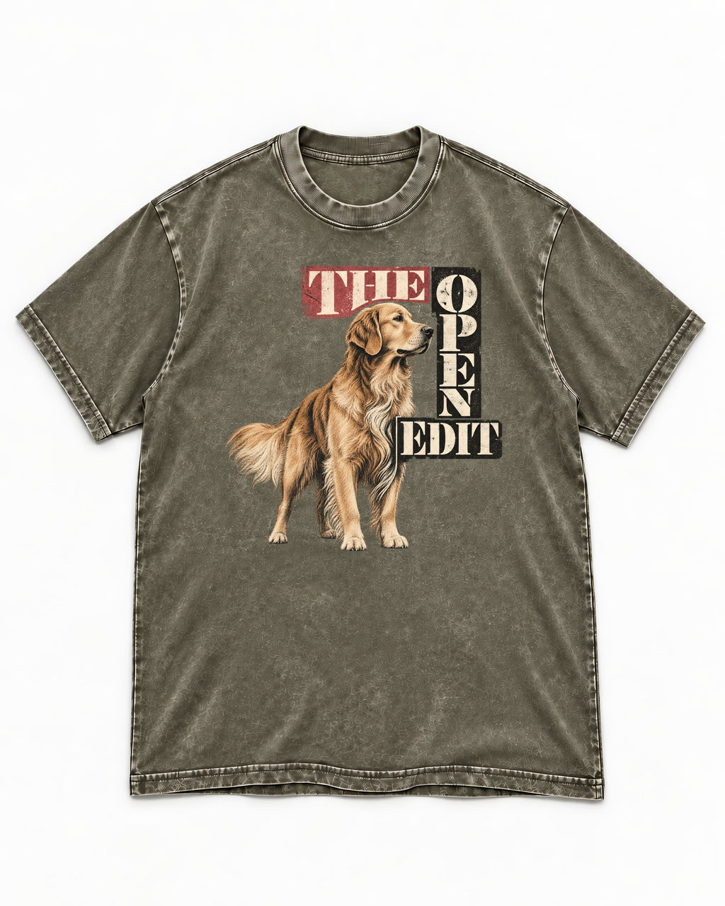 Golden Retriever The Open Edit Typography Portrait Graphic Washed Tee in Army Green, flat lay product photo