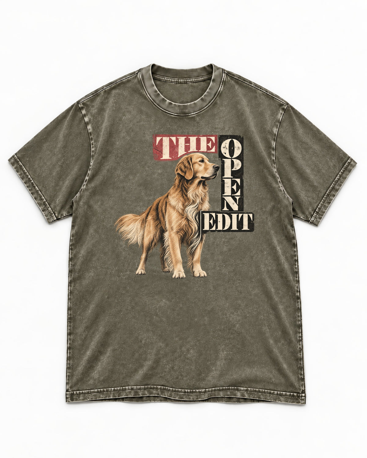 Golden Retriever The Open Edit Typography Portrait Graphic Washed Tee in Army Green, flat lay product photo