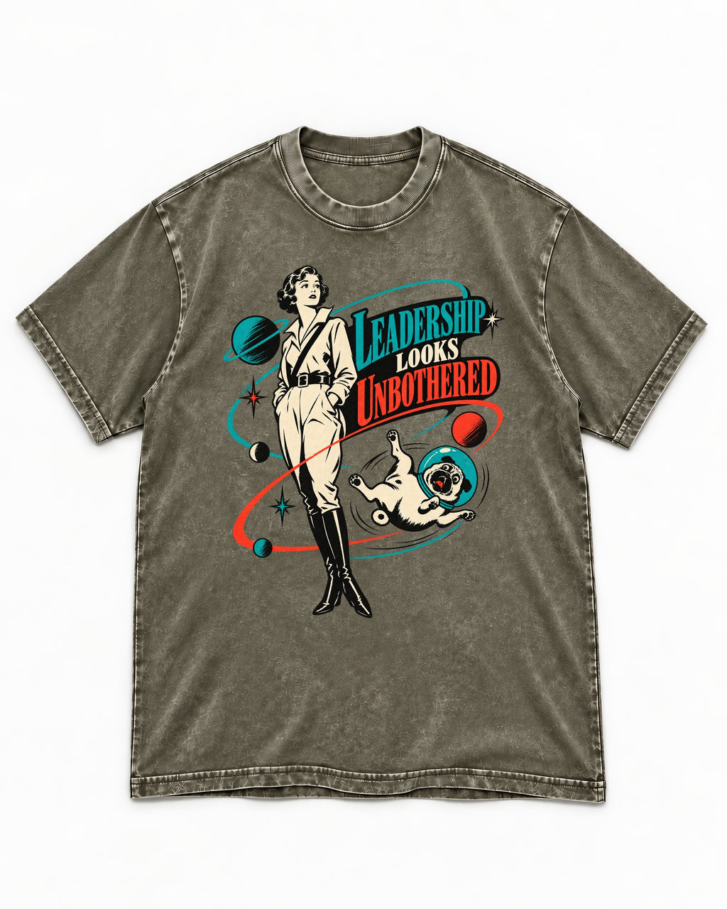 Pug Leadership Looks Unbothered Space Graphic Washed Tee in Army Green, flat lay product photo
