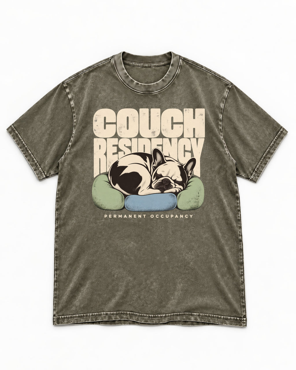 Frenchie Couch Residency Permanent Occupancy Cushion Graphic Washed Tee in Army Green, flat lay product photo