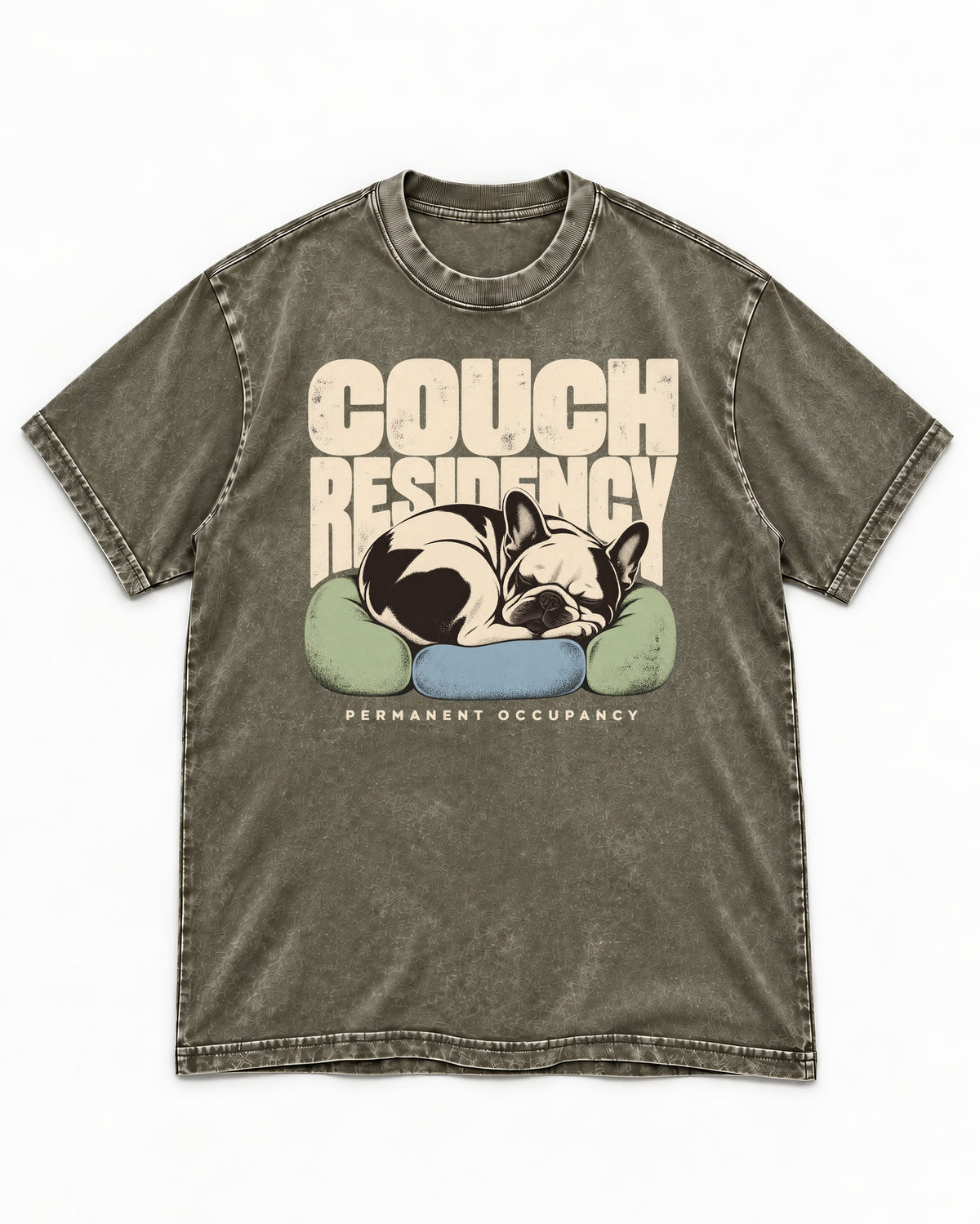Frenchie Couch Residency Permanent Occupancy Cushion Graphic Washed Tee in Army Green, flat lay product photo