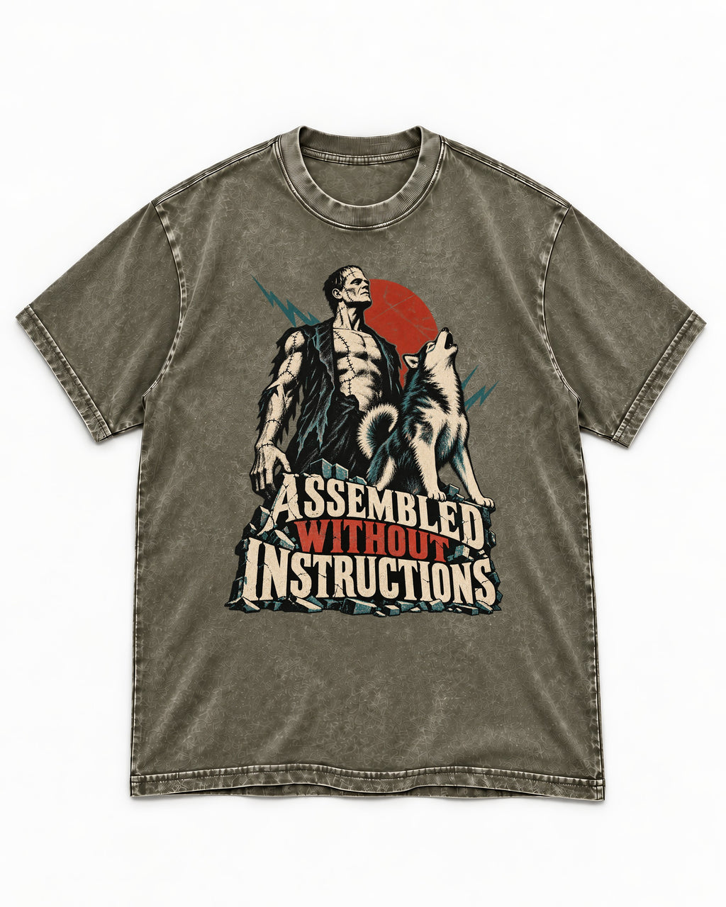 Husky Assembled Without Instructions Frankenstein Graphic Washed Tee in Army Green, flat lay product photo