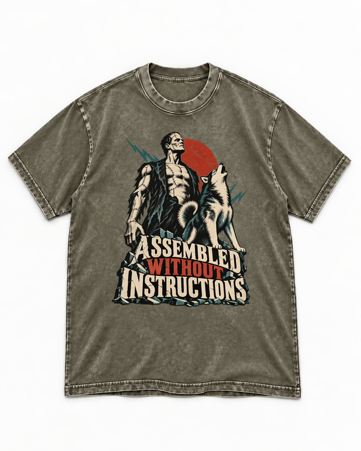 Husky Assembled Without Instructions Frankenstein Graphic Washed Tee in Army Green, flat lay product photo