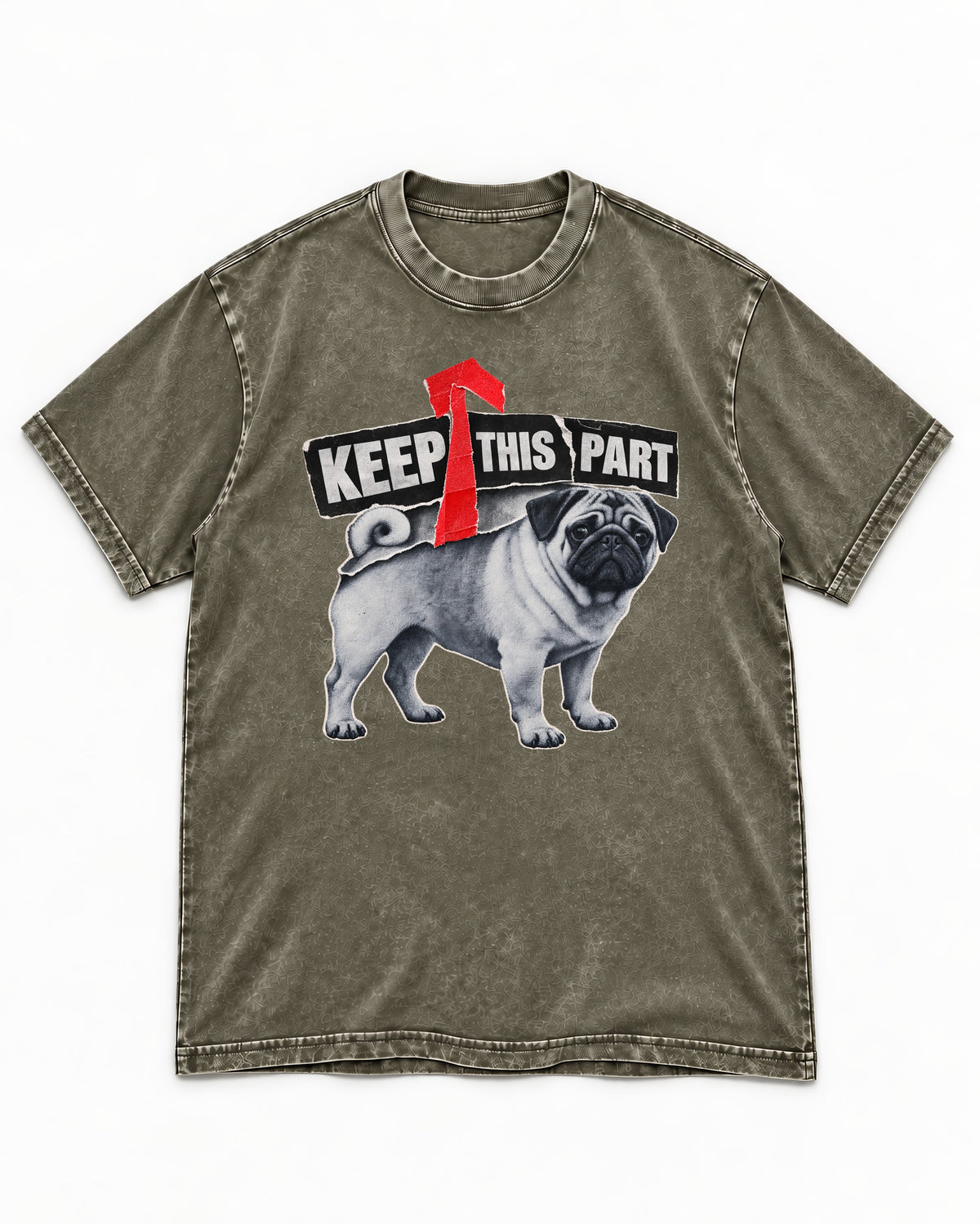 Pug Keep This Part Tape Arrow Graphic Washed Tee in Army Green, flat lay product photo