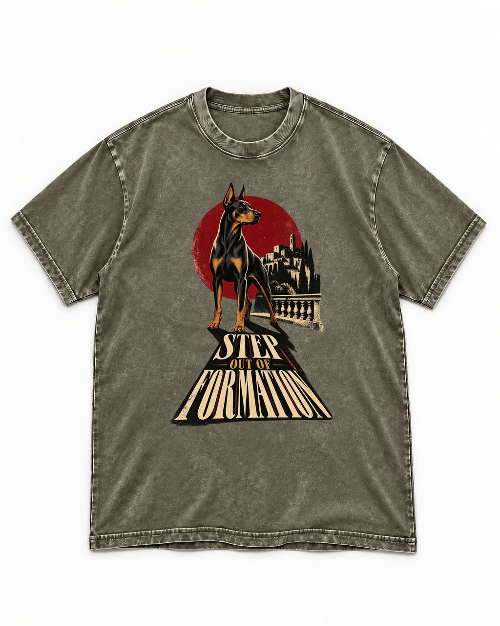 Doberman Step Out of Formation Road Vista Graphic Washed Tee in Army Green, flat lay product photo