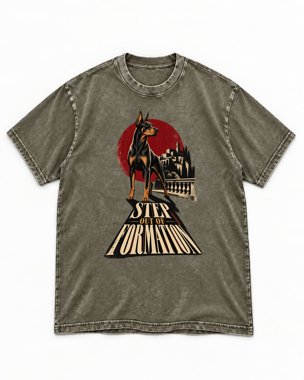 Doberman Step Out of Formation Road Vista Graphic Washed Tee in Army Green, flat lay product photo