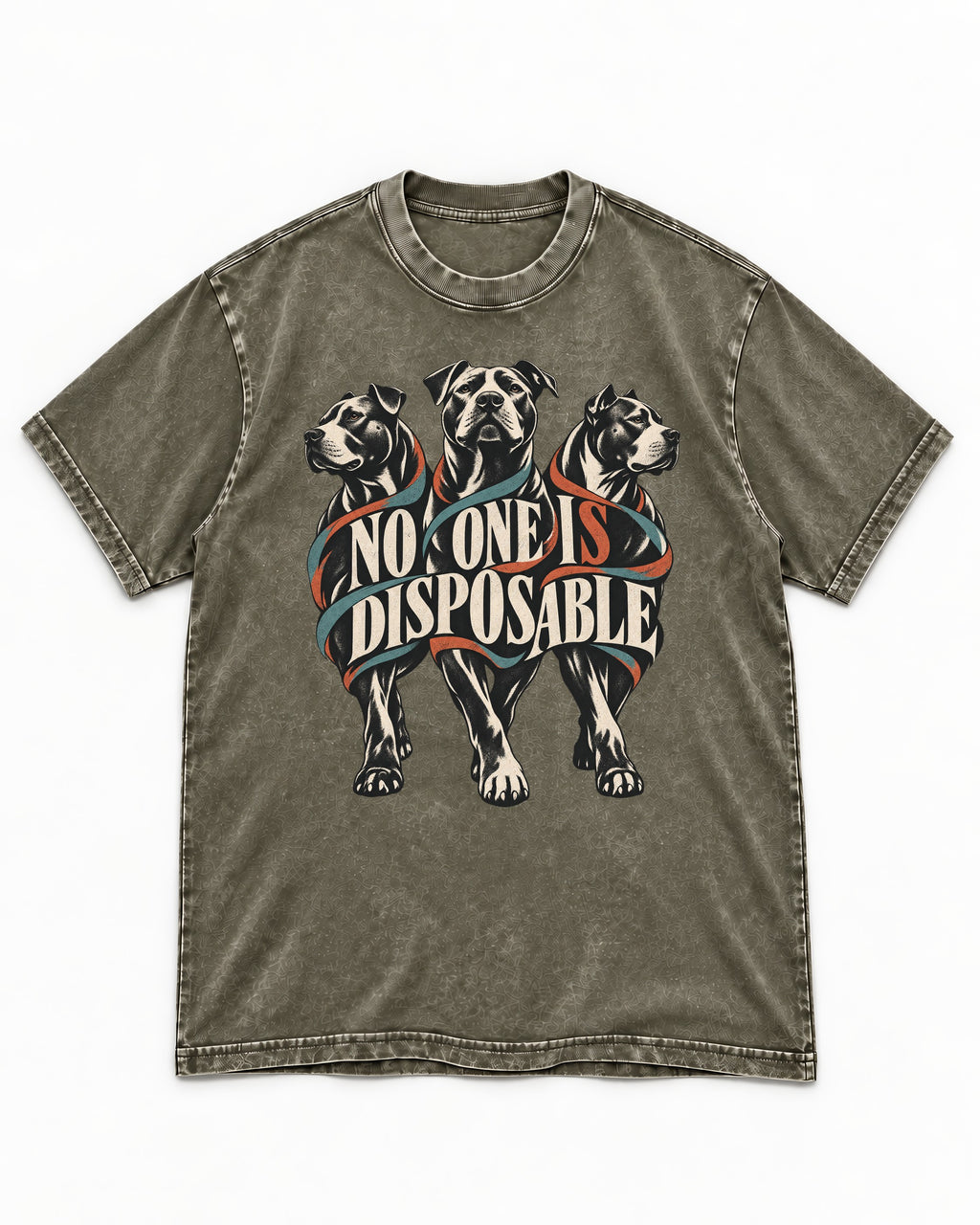 Pitbull No One Is Disposable Three Dogs Graphic Washed Tee in Army Green, flat lay product photo