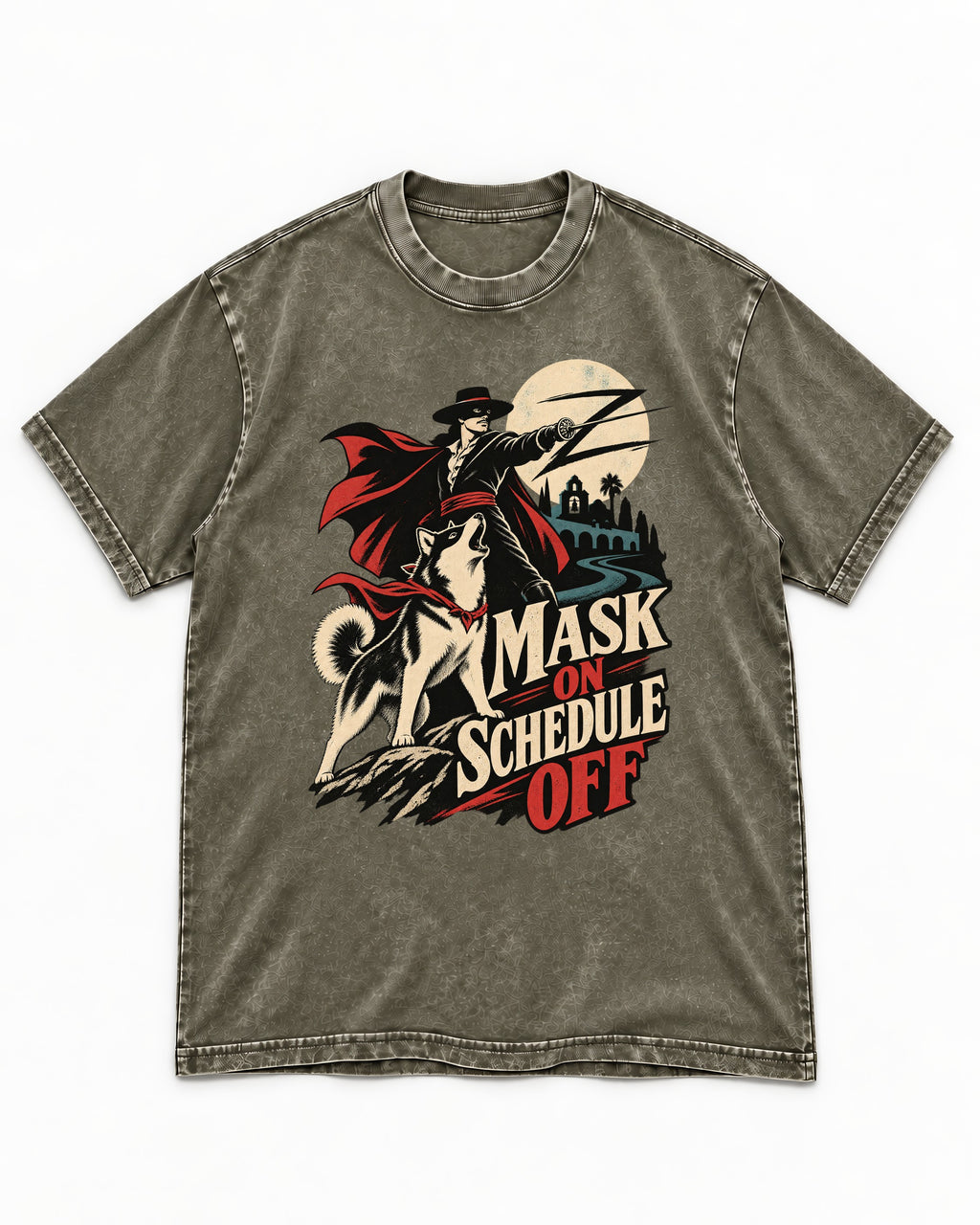 Husky Mask On Schedule Off Masked Swordsman Graphic Washed Tee in Army Green, flat lay product photo