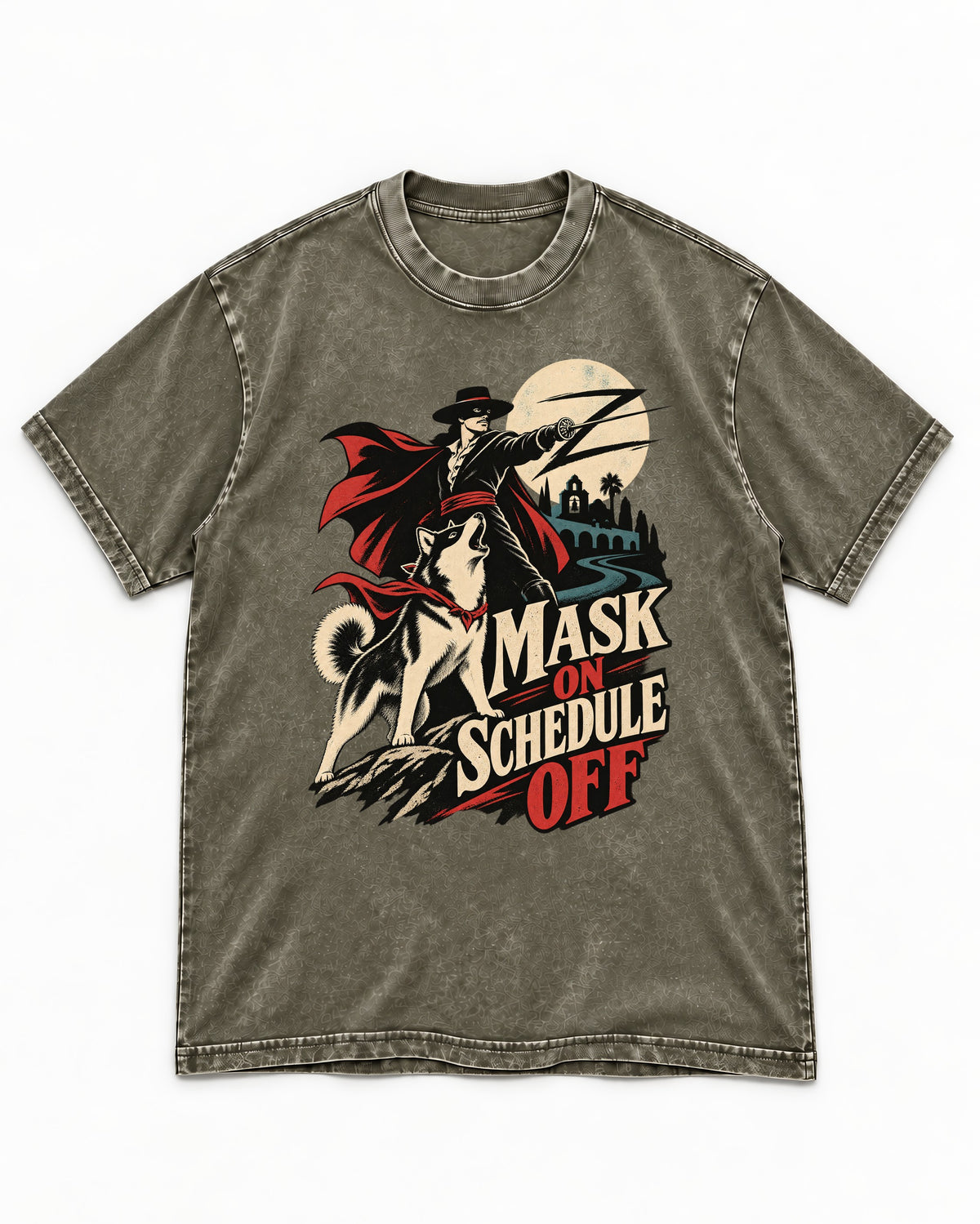 Husky Mask On Schedule Off Masked Swordsman Graphic Washed Tee in Army Green, flat lay product photo