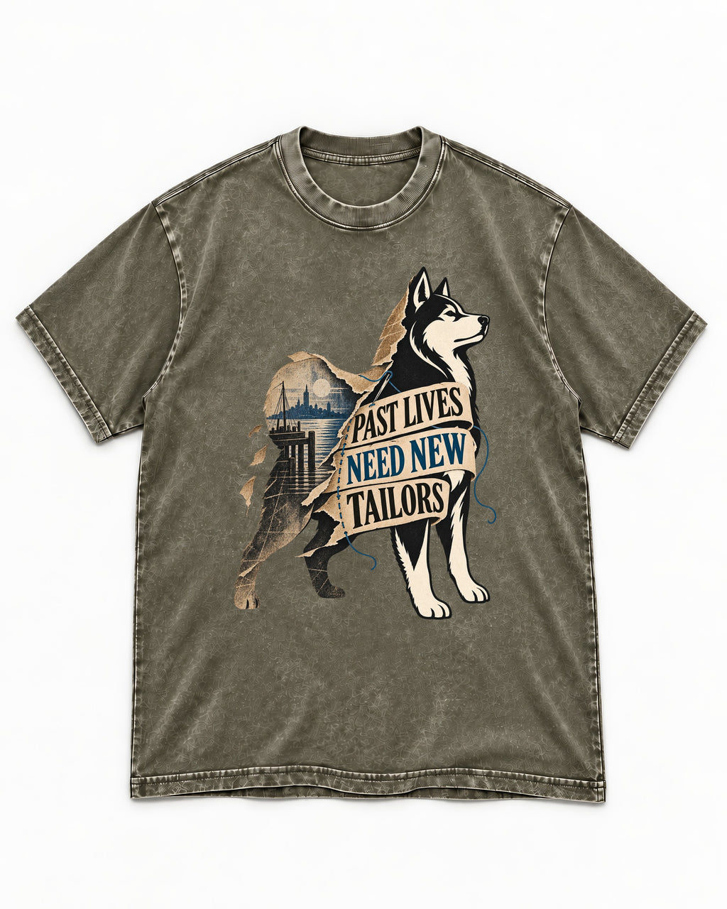 Husky Past Lives Need New Tailors Split Identity Graphic Washed Tee in Army Green, flat lay product photo