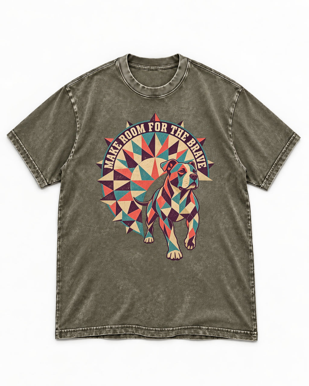 Pitbull Make Room for the Brave Mosaic Graphic Washed Tee in Army Green, flat lay product photo