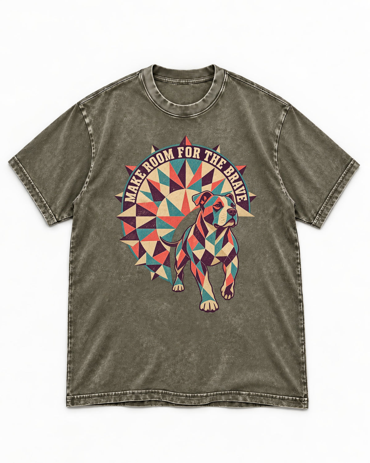 Pitbull Make Room for the Brave Mosaic Graphic Washed Tee in Army Green, flat lay product photo