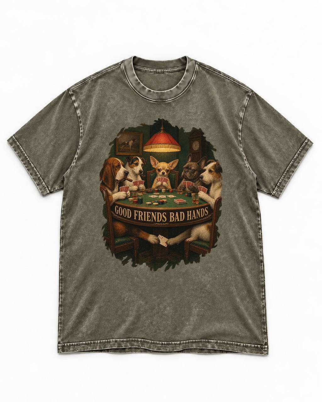 Good Friends Bad Hands Chihuahua Poker Scene Washed Tee in Army Green, flat lay product photo