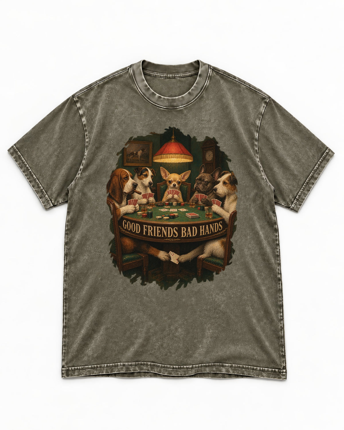 Good Friends Bad Hands Chihuahua Poker Scene Washed Tee in Army Green, flat lay product photo
