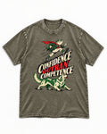 Golden Retriever Confidence Outran Competence Racing Graphic Washed Tee in Army Green, flat lay product photo