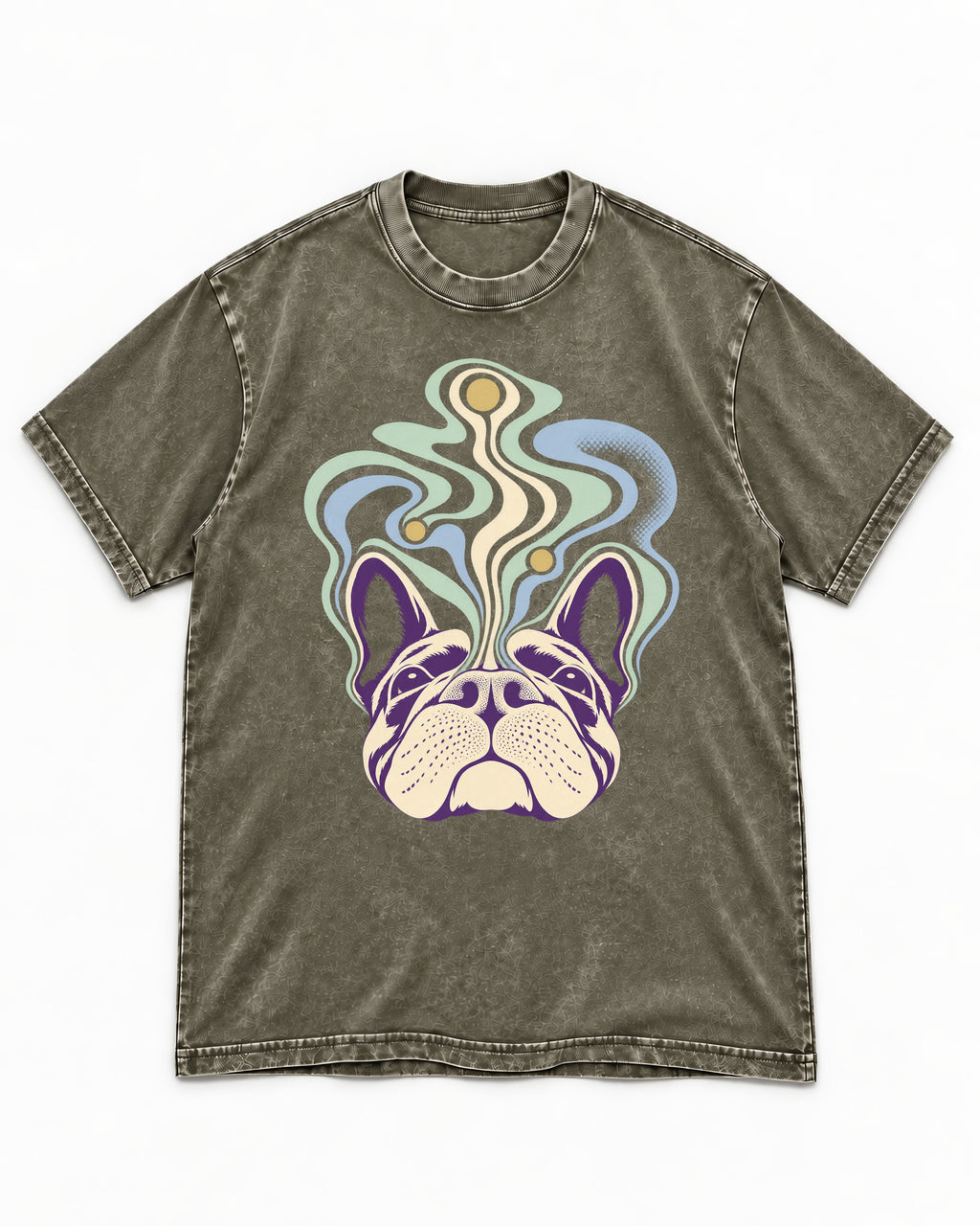 Frenchie Scent Cartography Vapor Route Graphic Washed Tee in Army Green, flat lay product photo