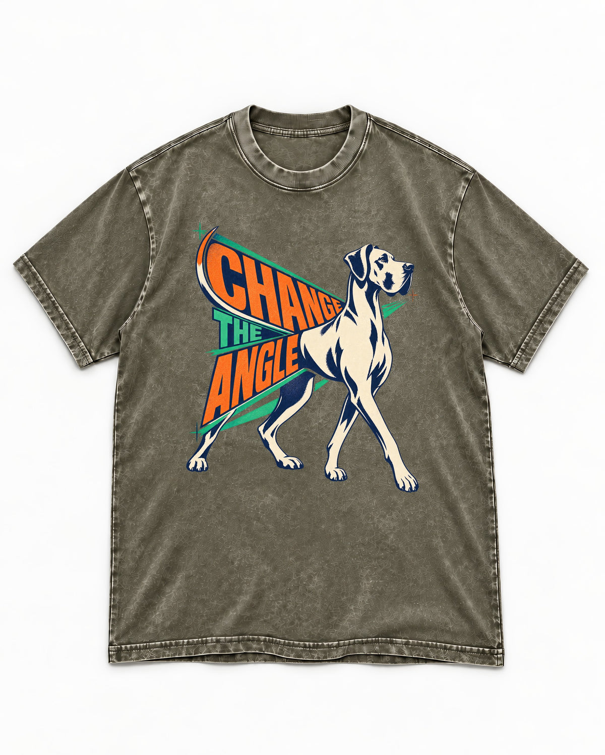 Great Dane Change the Angle Walking Graphic Washed Tee in Army Green, flat lay product photo