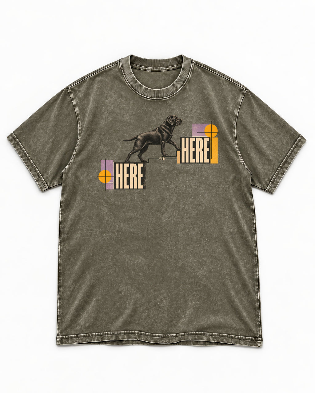 Here and Here Stepping Labrador Retriever Graphic Washed Tee in Army Green, flat lay product photo